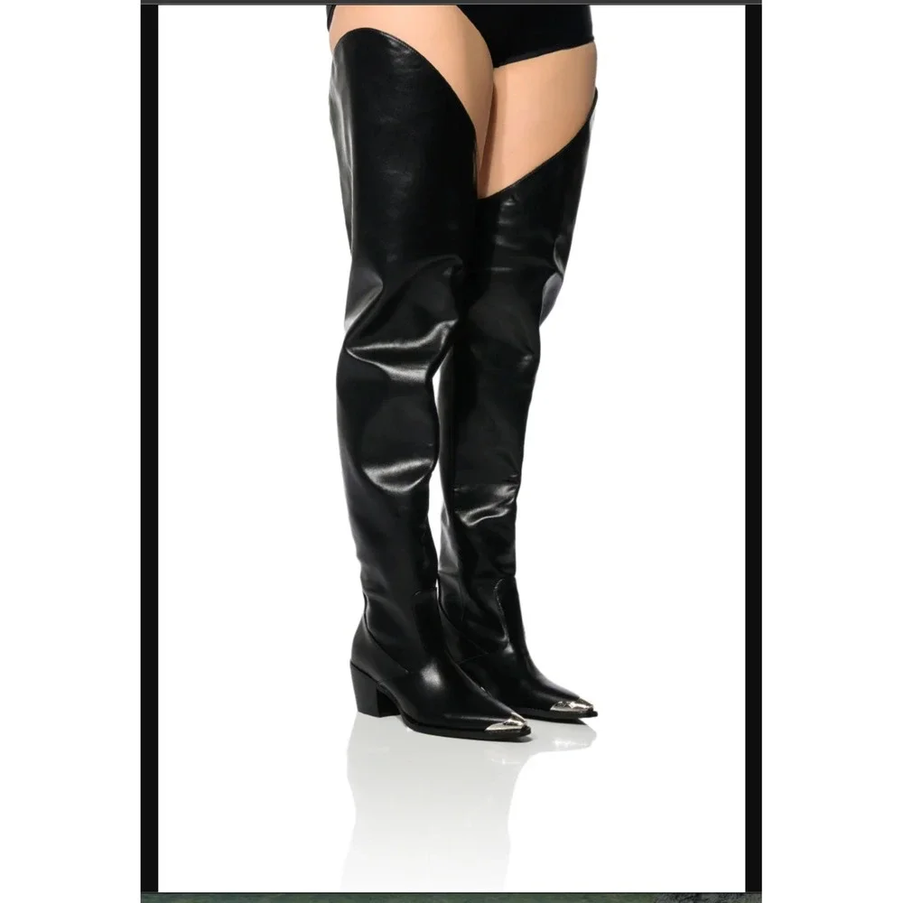 Azelea Wang‎ Womens Black Faux Leather Thigh High Boot Over the Knee Rio Western